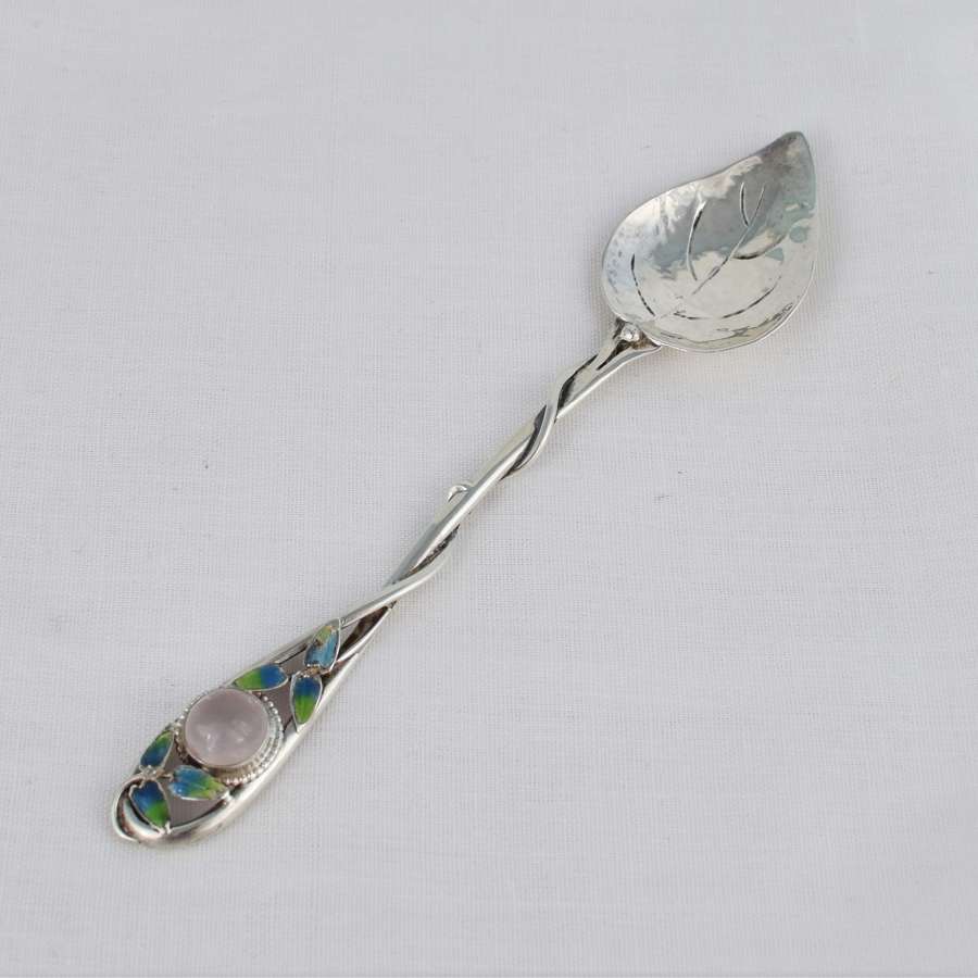 Charles Horner Silver Enamel & Rock Crystal Leaf Teaspoon