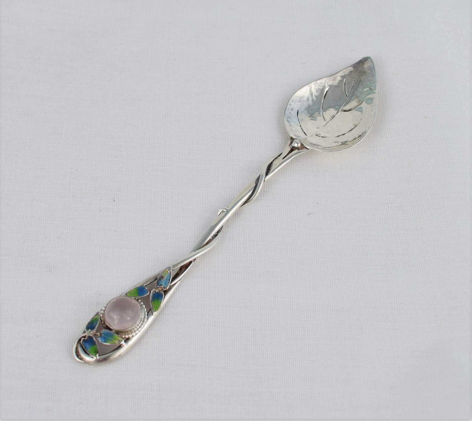 Charles Horner Silver Enamel & Rock Crystal Leaf Teaspoon