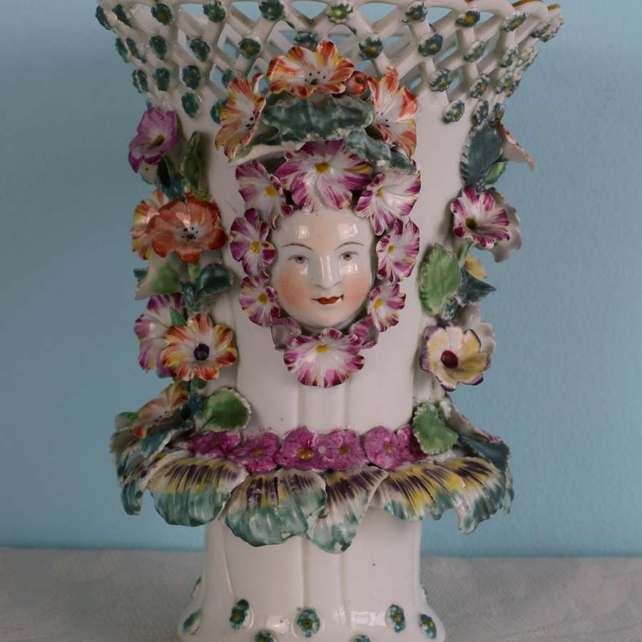 Early Derby Porcelain Flower Encrusted Mask Trumpet Frill Vase C.1760