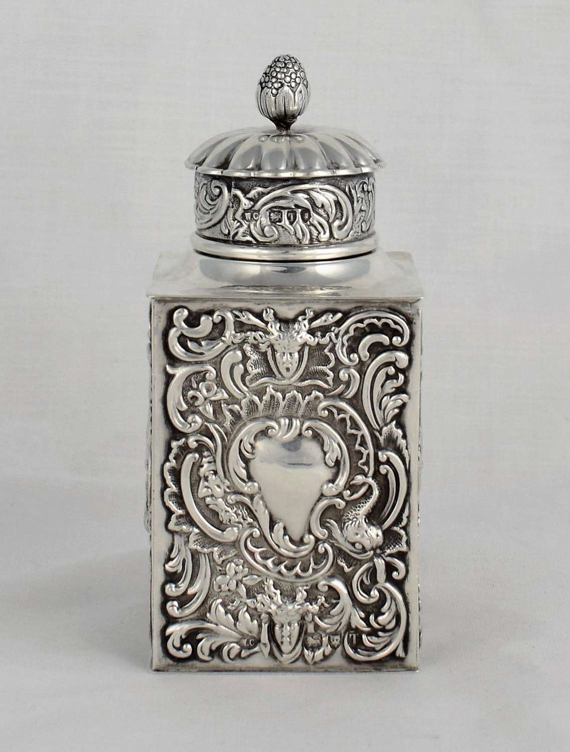 Art Nouveau Square Embossed Silver Green Man Tea Canister Comyns