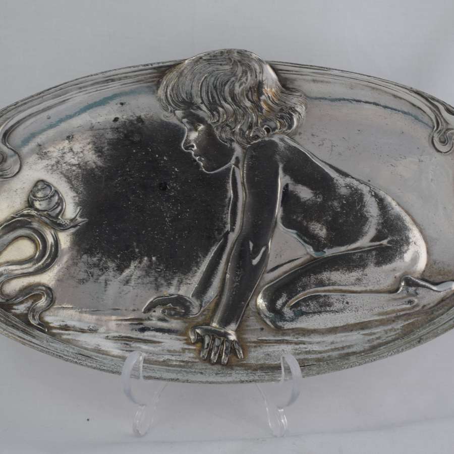 Art Nouveau WMF Silver Plated Card Tray Kneeling Child & Snail 210