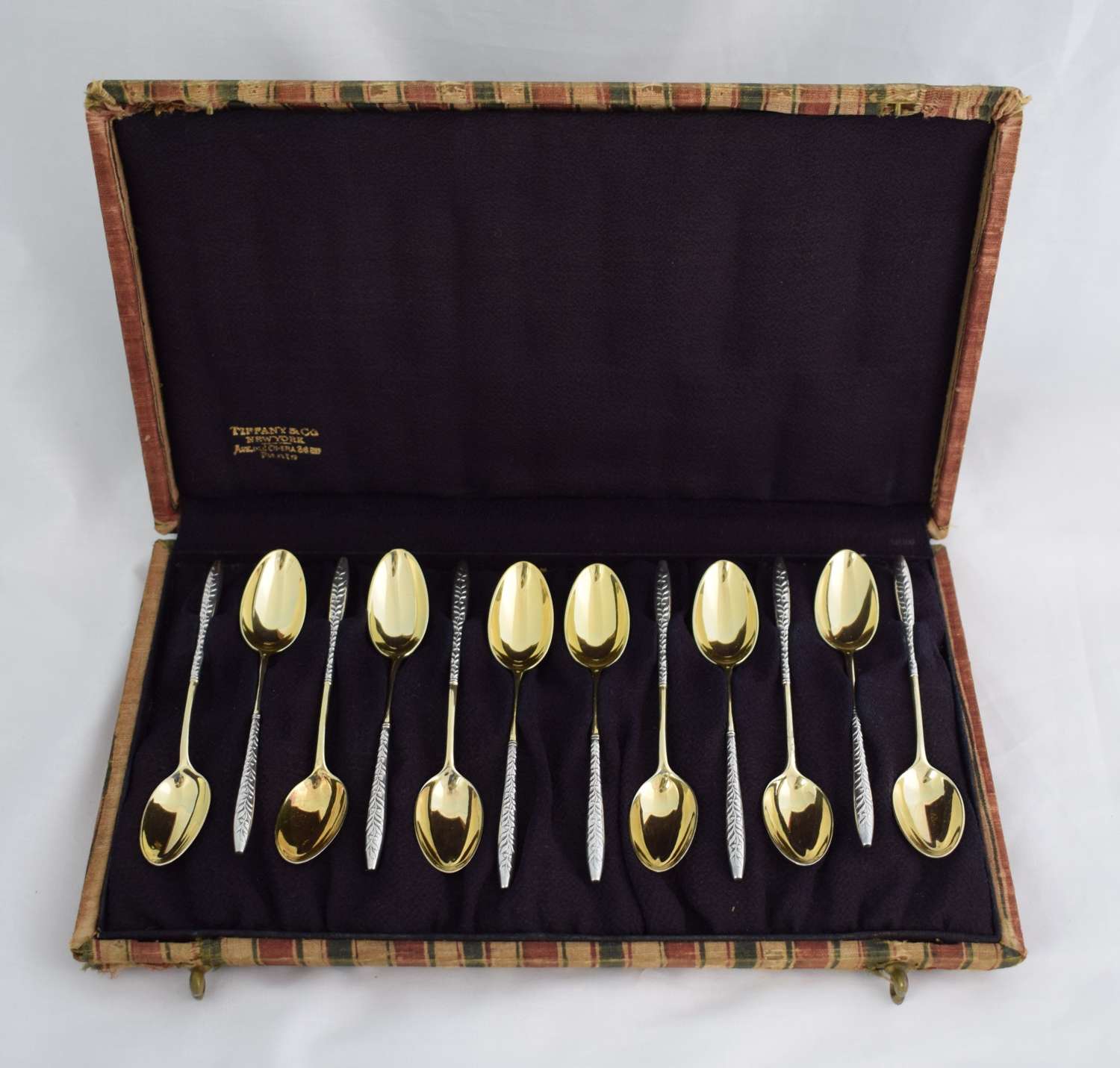Cased Set 12 Tiffany & Co. Art Nouveau Silver Gilt Coffee Spoons
