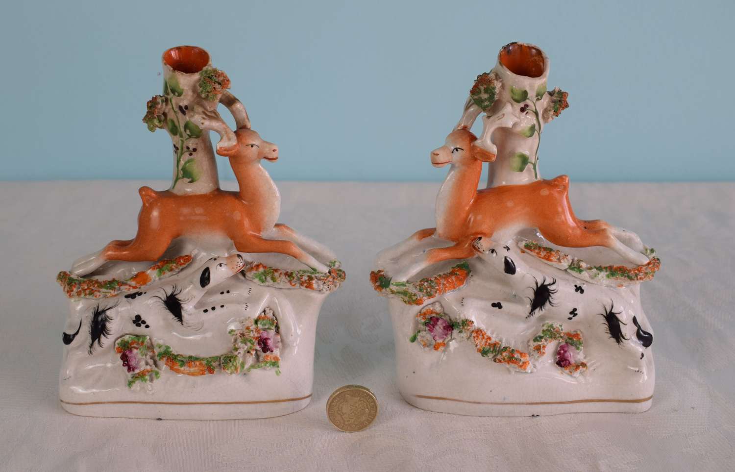 Pair Victorian Staffordshire Spill Holders Stag & Hound Hunting Scene