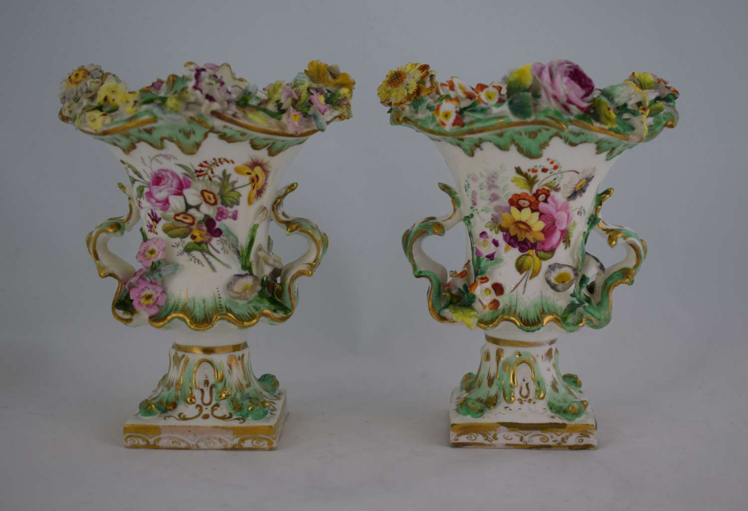 Pair Small Coalport Flower Encrusted Vases Coalbrookedale Style C.1835