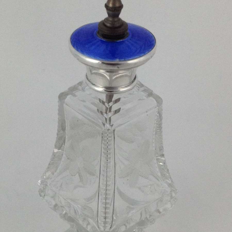 Large Sterling Silver Guilloche Enamel Cut Glass Atomizer Scent Bottle