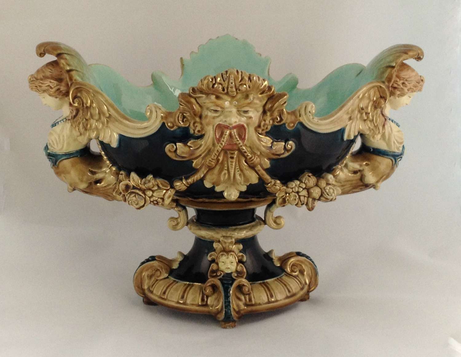 Large Victorian English Majolica Table Centerpiece Harpies