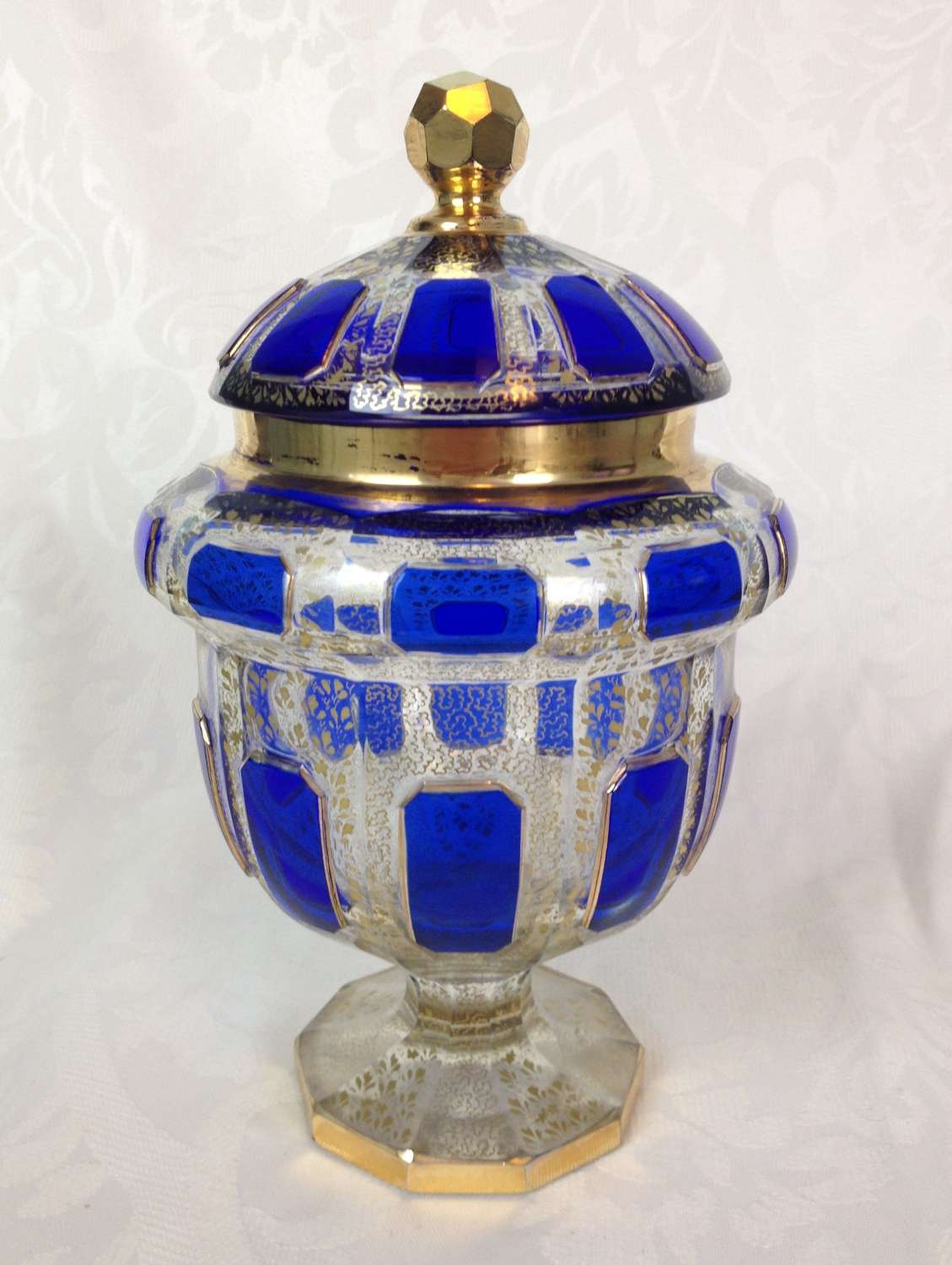 Art Deco Bohemian Blue Cabochon Overlay Lidded Vase Bonbon Dish