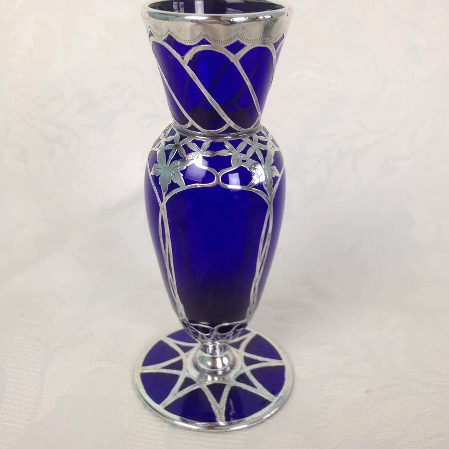 Edwardian English Silver Overlaid Bristol Blue Glass Baluster Vase Art
