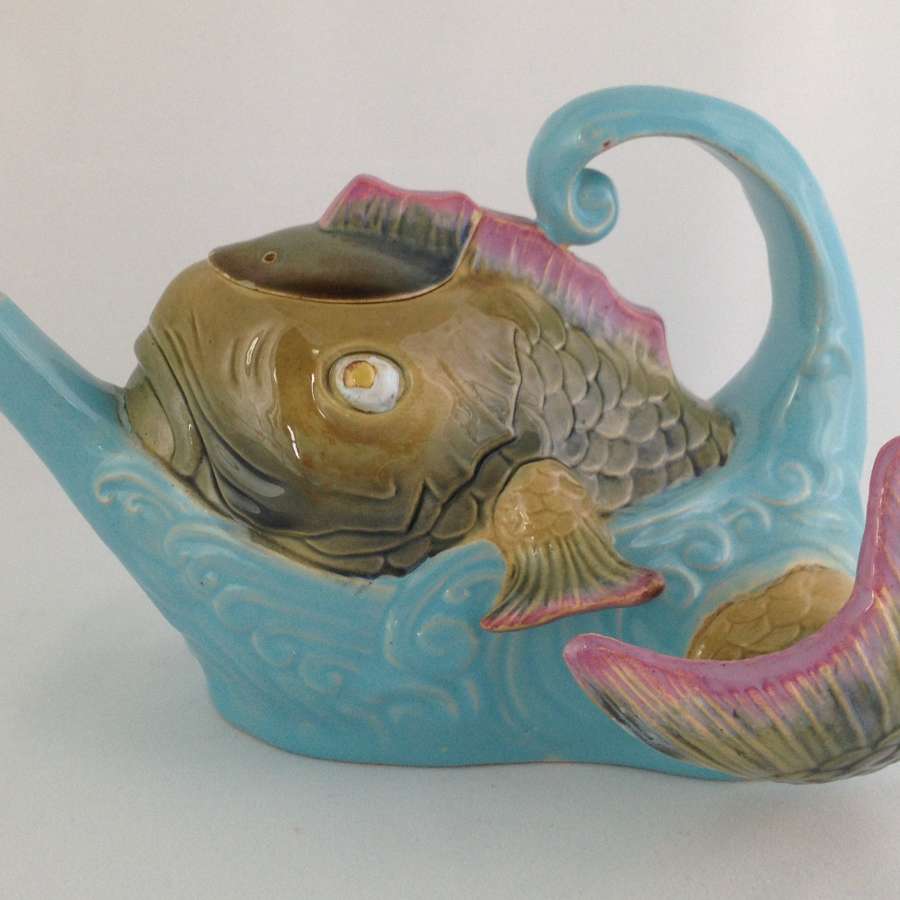 Rare Victorian Majolica Brownfield Teapot Fish Leaping From Sea