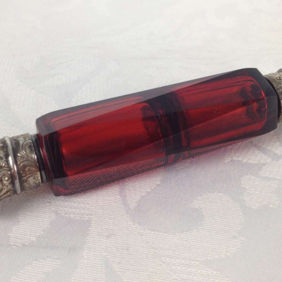 Victorian Ruby Glass Triangular Facet Cut Double End Scent Bottle