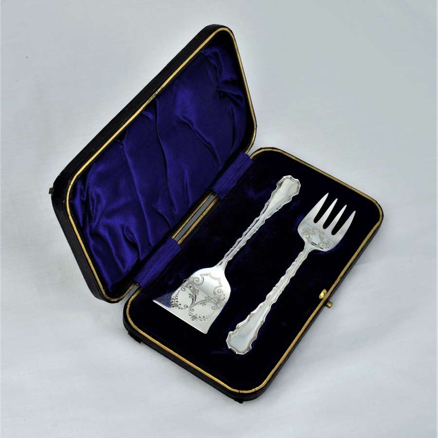 Edwardian Cased Set Of Silver Sardine Fork & Spoon Servers Lee Wigful