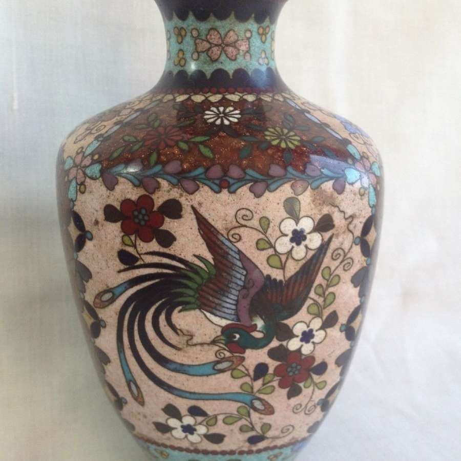 Meiji Japanese 6" Cloisonne Vase 4 Panels With Goldstone & Hoo-oo Bird