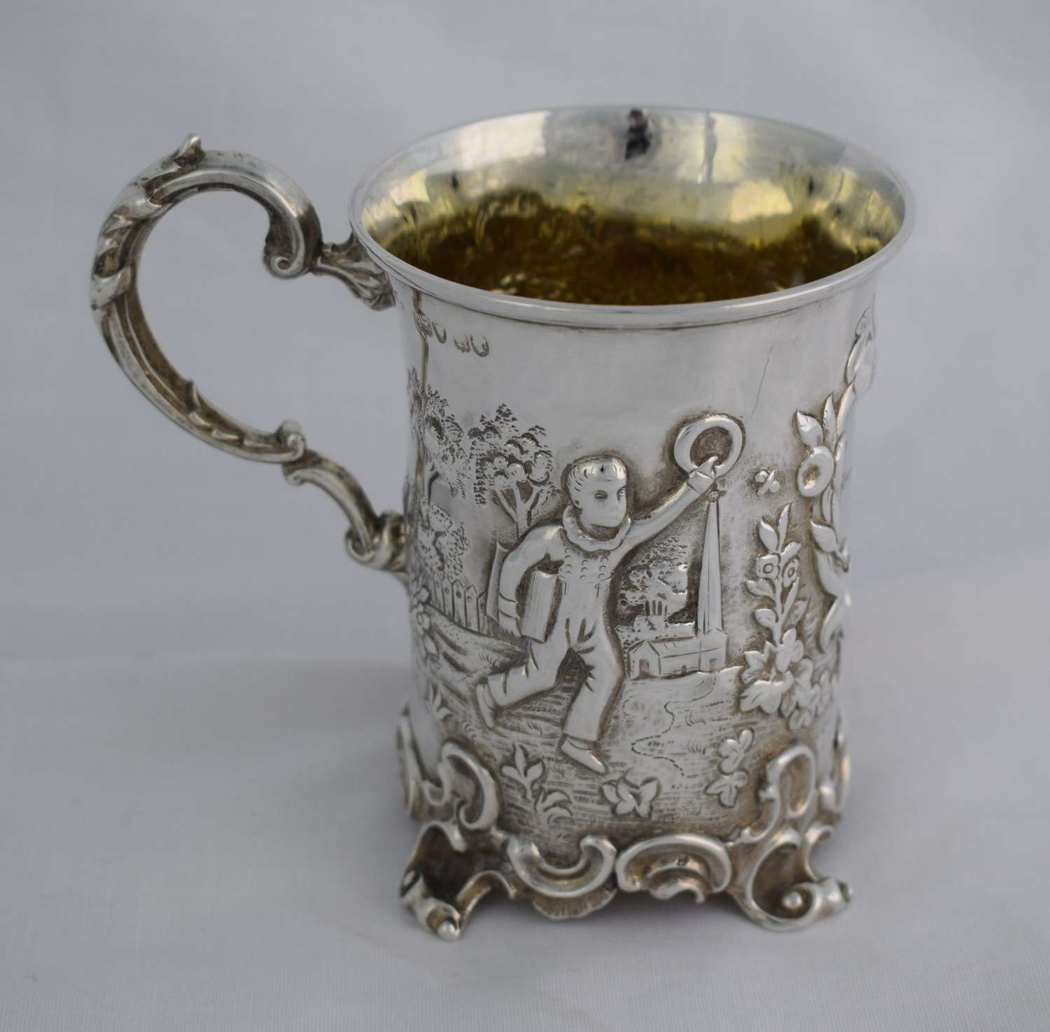 Victorian Repousse Silver Christening Mug Cup London 1852