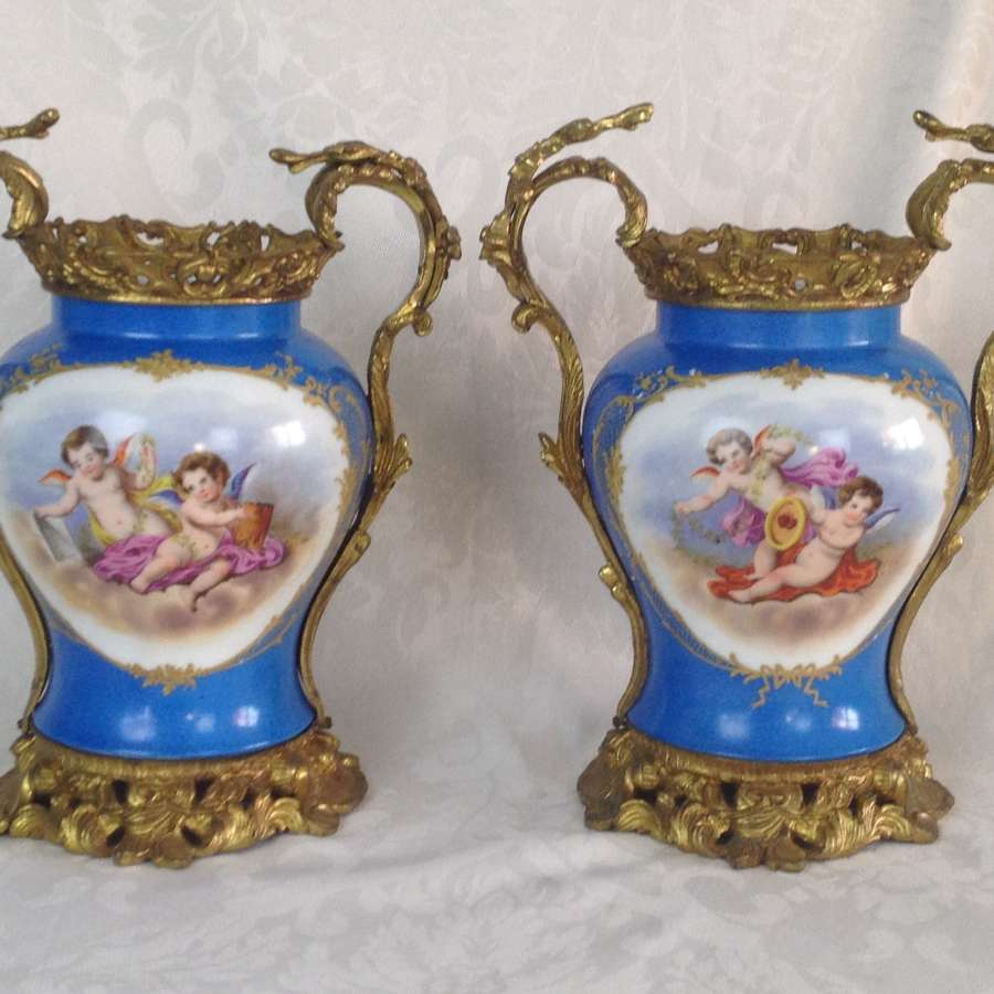 Pair Large French Sevres Style Ormolu Mounted Porcelain Vases