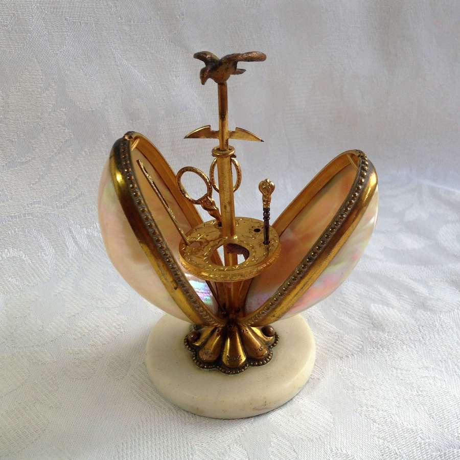 19th Century French Mother Of Pearl & Ormolu Egg Sewing Necessaire