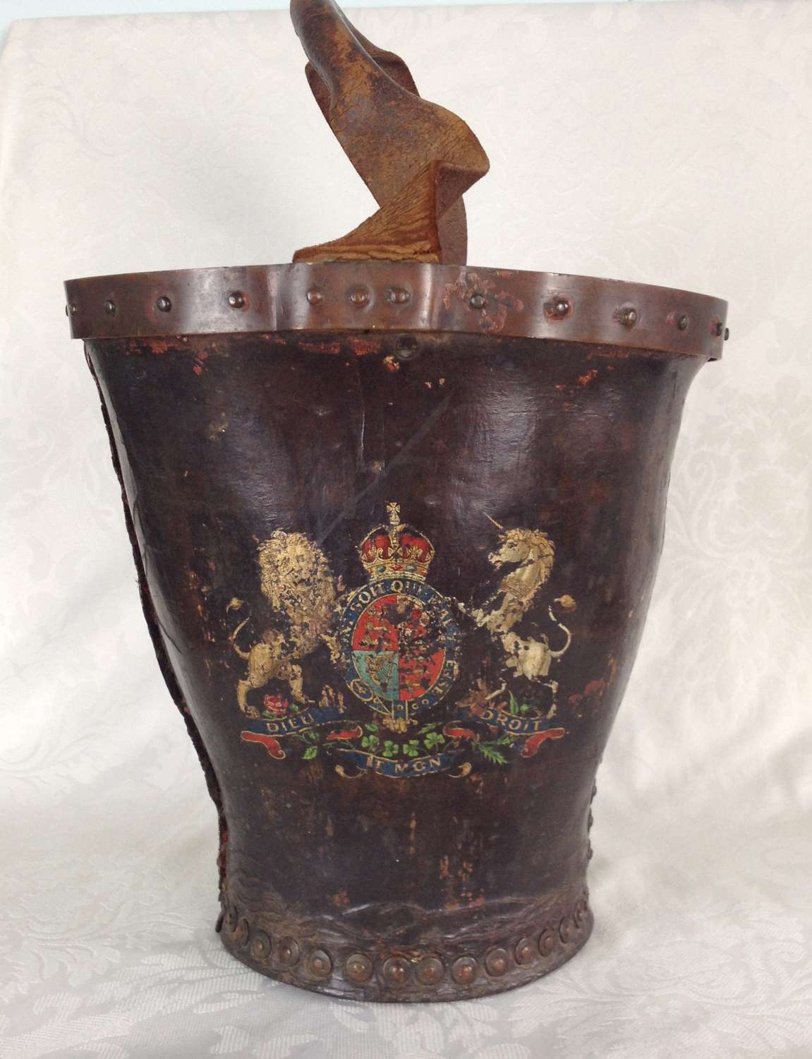 19th Century Leather Riveted Fire Bucket Royal Coat Of Arms