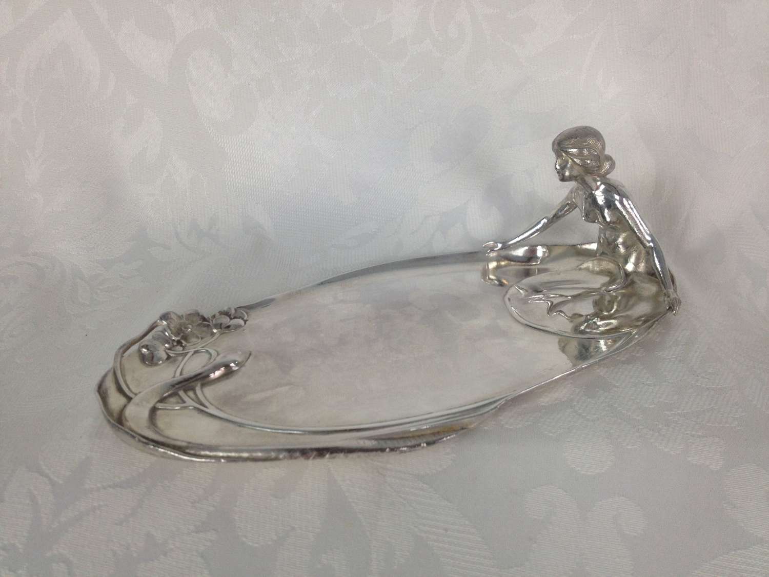 Art Nouveau WMF Silver Plate Card Tray Lady In Lake With Snake 249