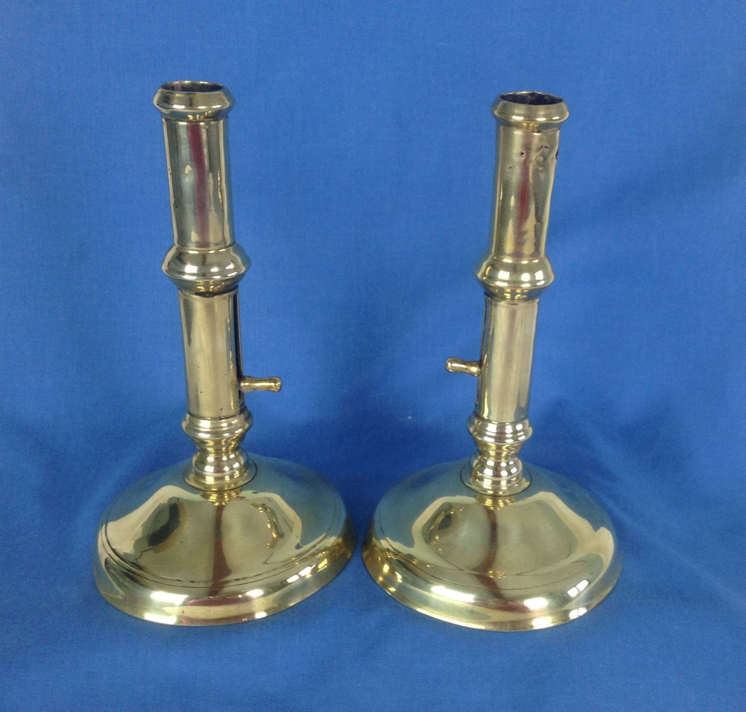 Pair Early 18th Century Brass Side Ejector Candlesticks