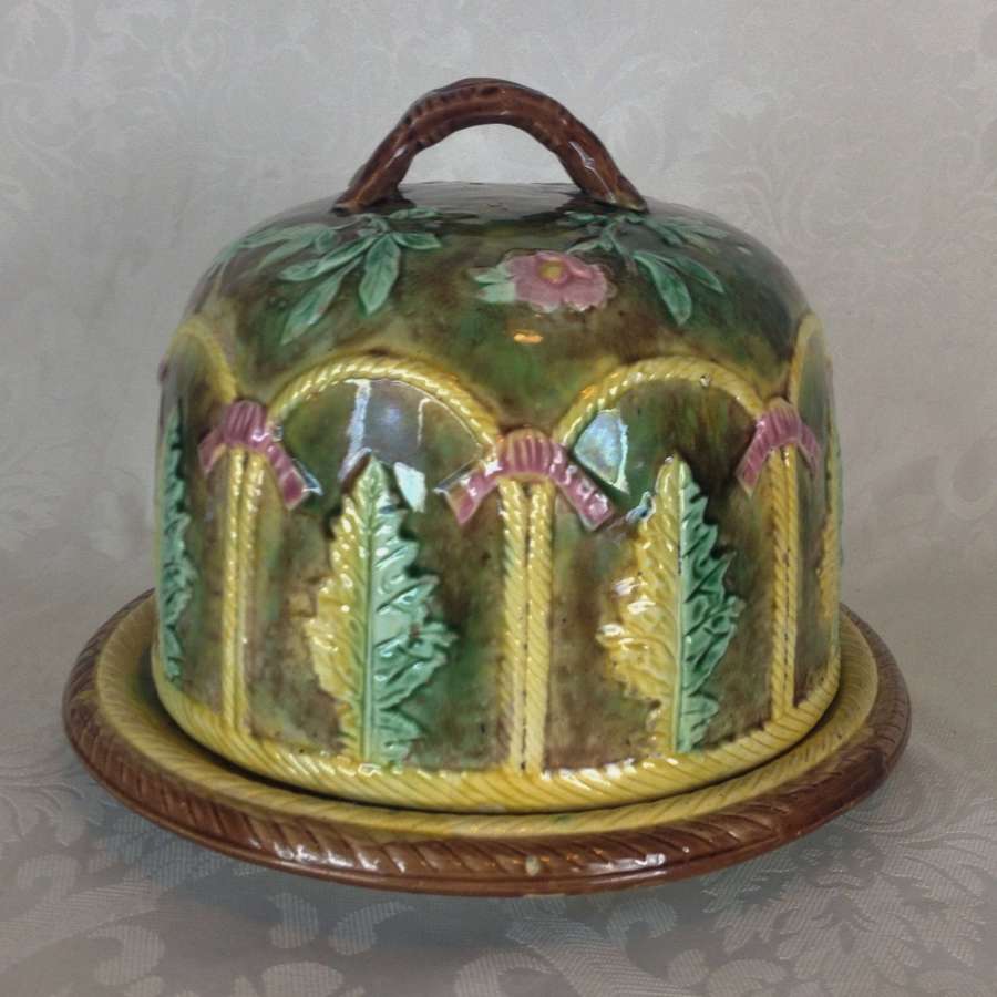 Large Victorian Forester Majolica Cheese Bell Dome & Stand