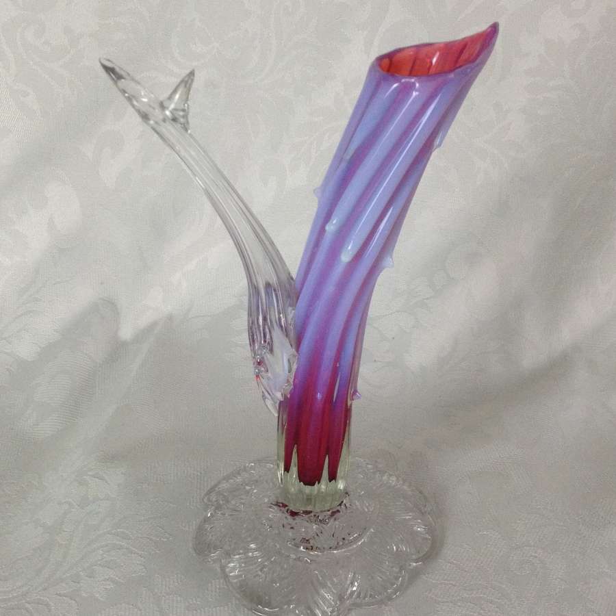 Victorian Bohemian 10" Opalescent Cranberry Pink Thorn Glass Vase