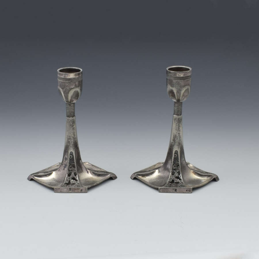 Pair Of WMF Art Nouveau Pewter Candlesticks c.1905