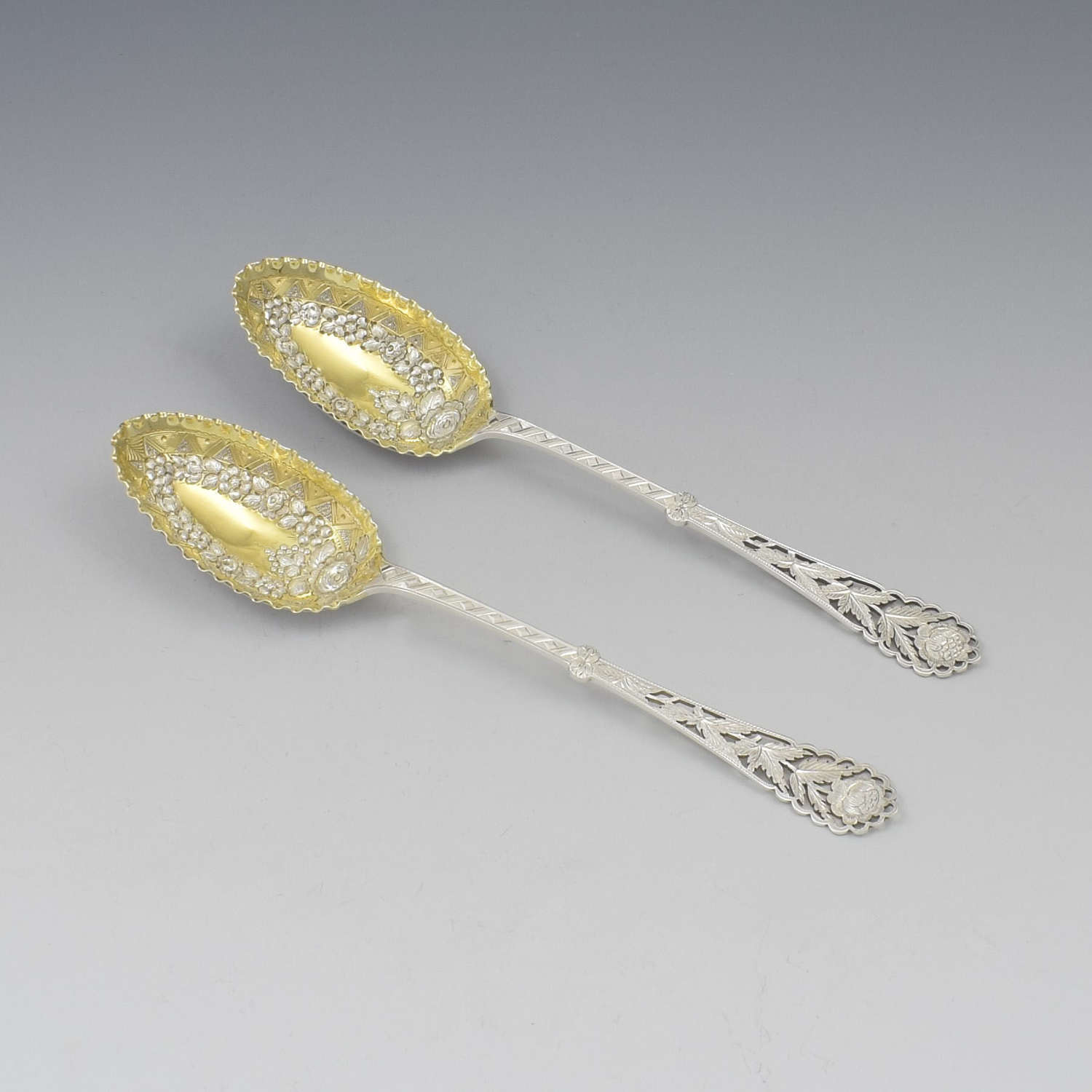 Pair Of Victorian Silver Berry Serving Spoons