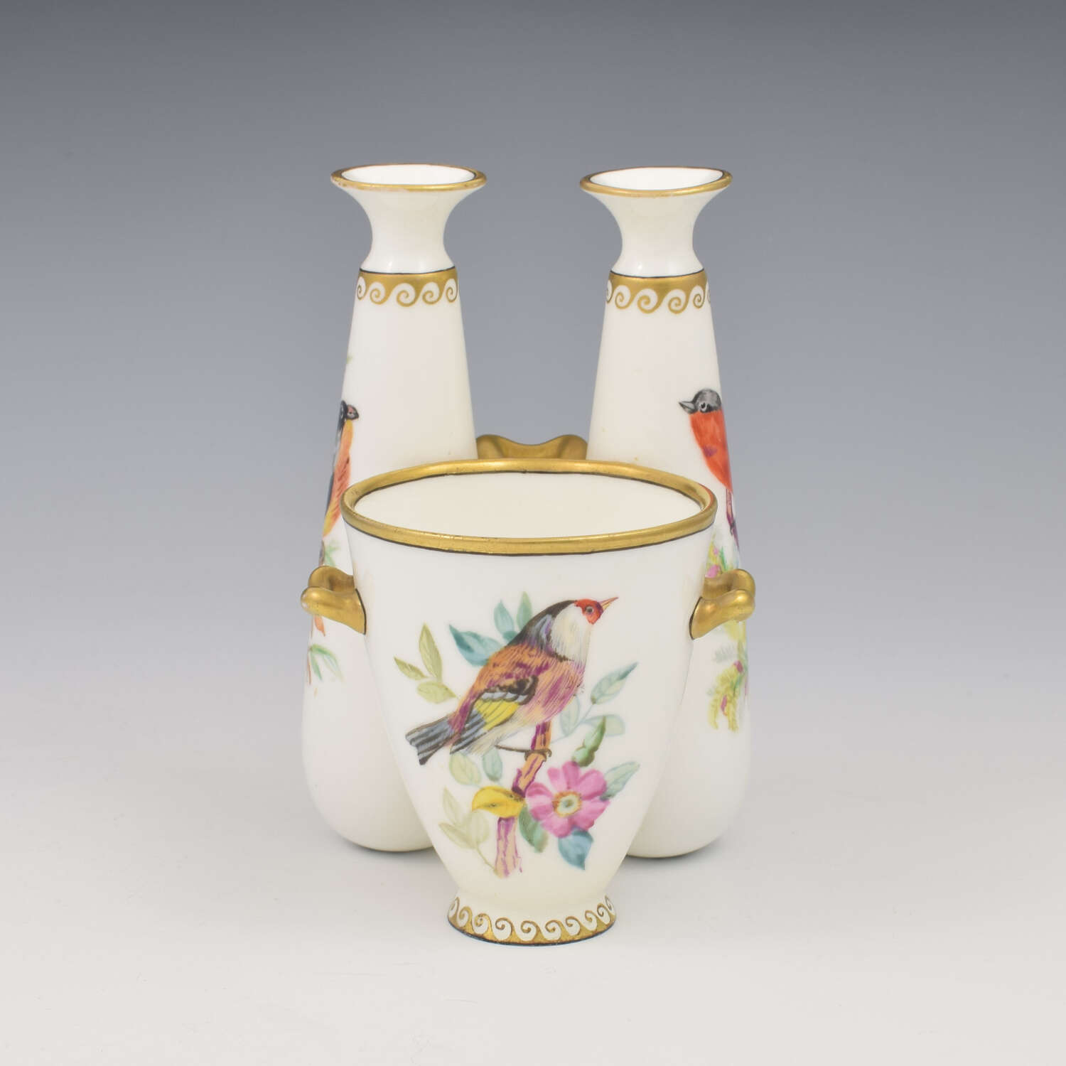 Gorgeous Victorian Royal Worcester Ornithological Triple Vase John Hopewell c.1875