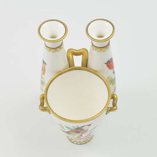 Gorgeous Victorian Royal Worcester Ornithological Triple Vase John Hopewell c.1875