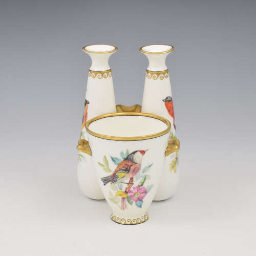Gorgeous Victorian Royal Worcester Ornithological Triple Vase John Hopewell c.1875