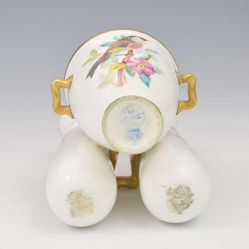 Gorgeous Victorian Royal Worcester Ornithological Triple Vase John Hopewell c.1875
