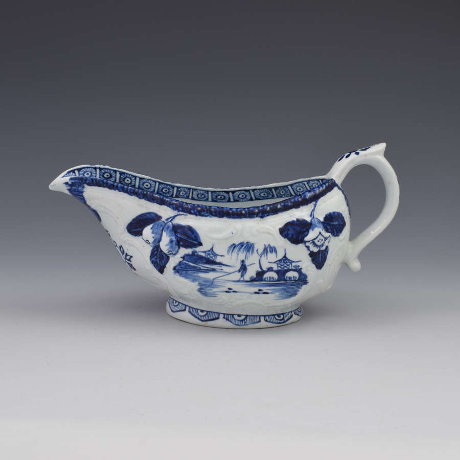 Early Derby Porcelain Blue & White Sauce Boat Chinese Scenes c.1760-65