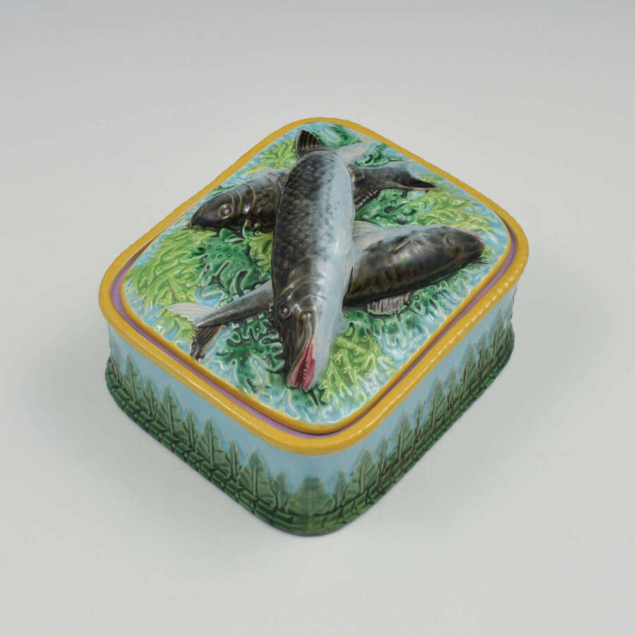 Stunning George Jones Majolica Turquoise Sardine Box & Cover c.1875