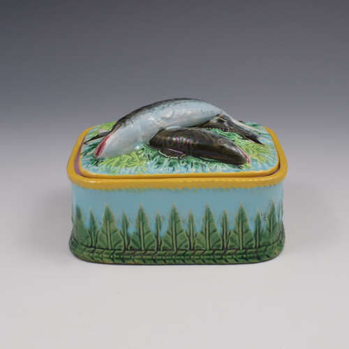 Stunning George Jones Majolica Turquoise Sardine Box & Cover c.1875