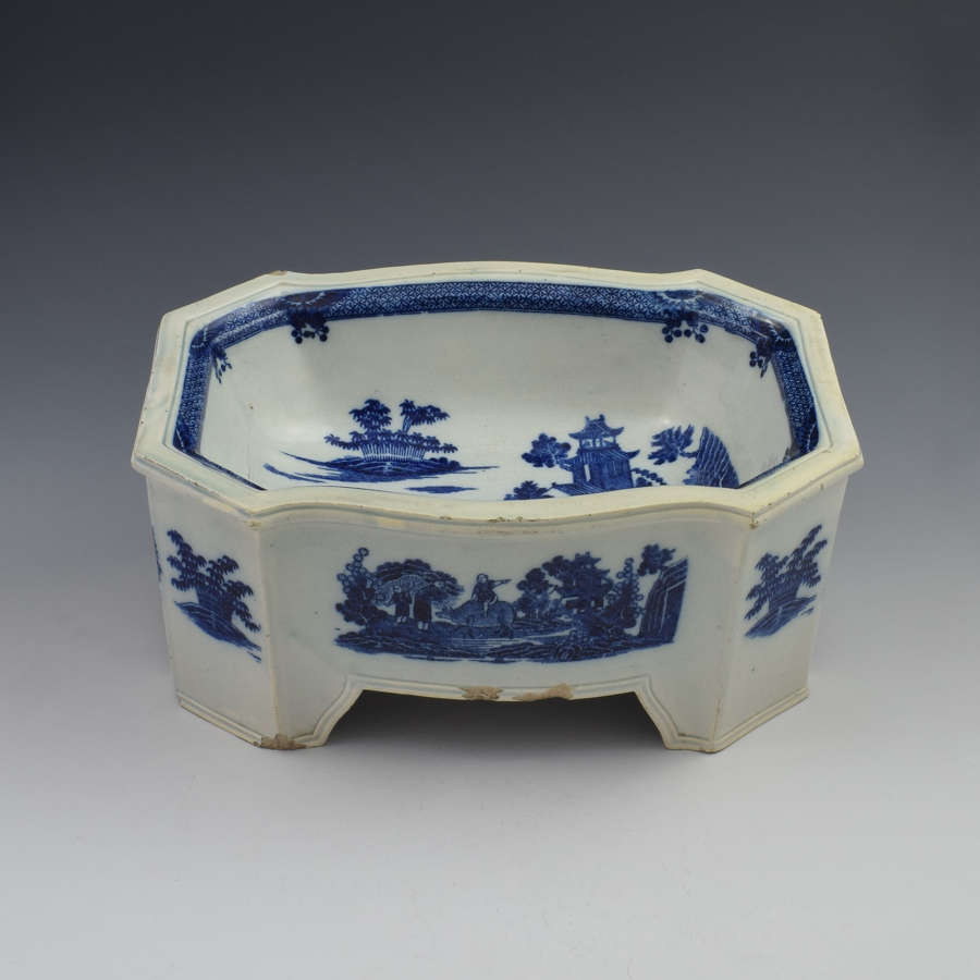 Large English Pearlware Pottery Blue & White Dog Bowl Boy On A Buffalo