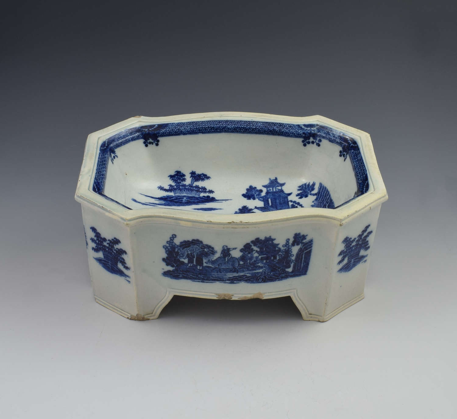 Large English Pearlware Pottery Blue & White Dog Bowl Boy On A Buffalo