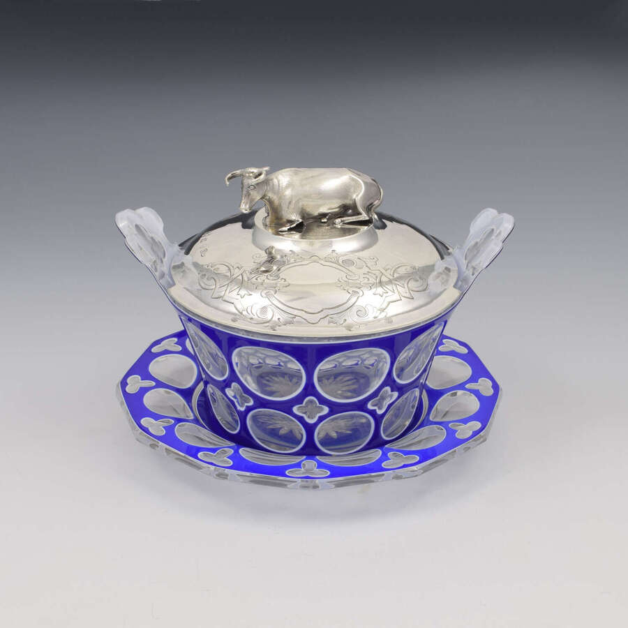 Stunning Rare Early Victorian Sterling Silver Cow & Blue & White Glass Butter Dish c.1840