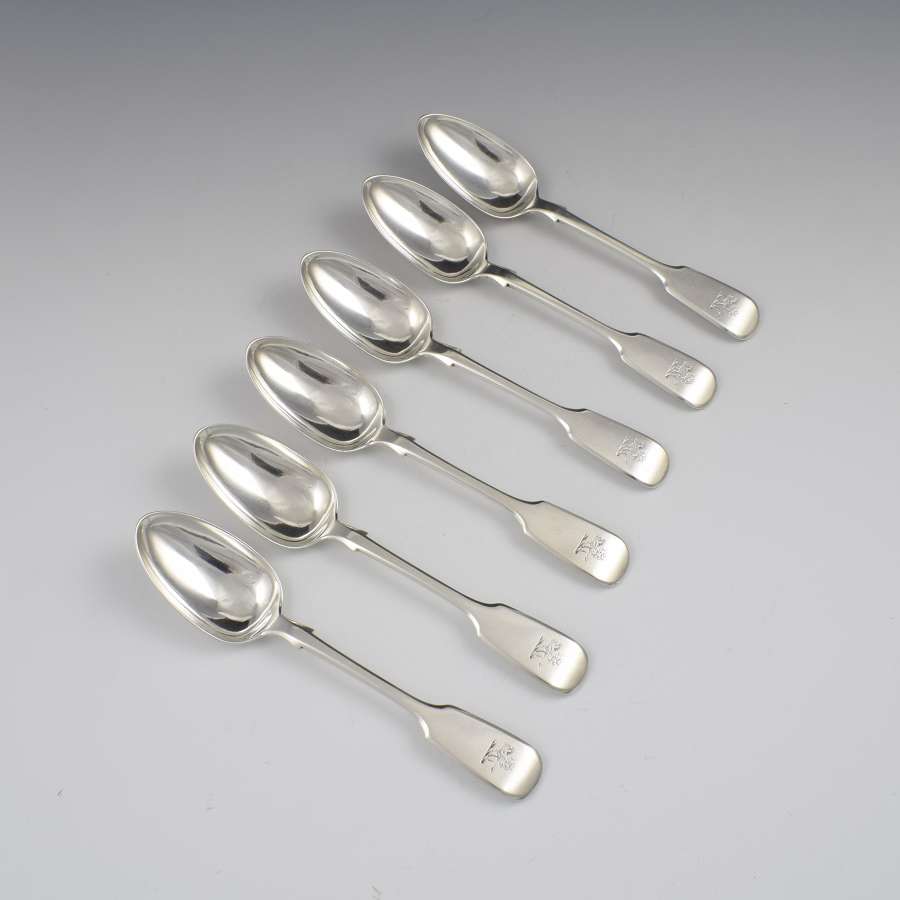 Set Of 6 Fiddle Pattern Provincial Exeter Silver Dessert Spoons