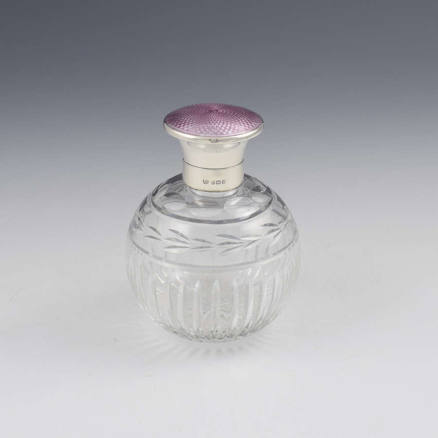 Silver, Lilac Guilloche Enamel & Cut Glass Scent Bottle
