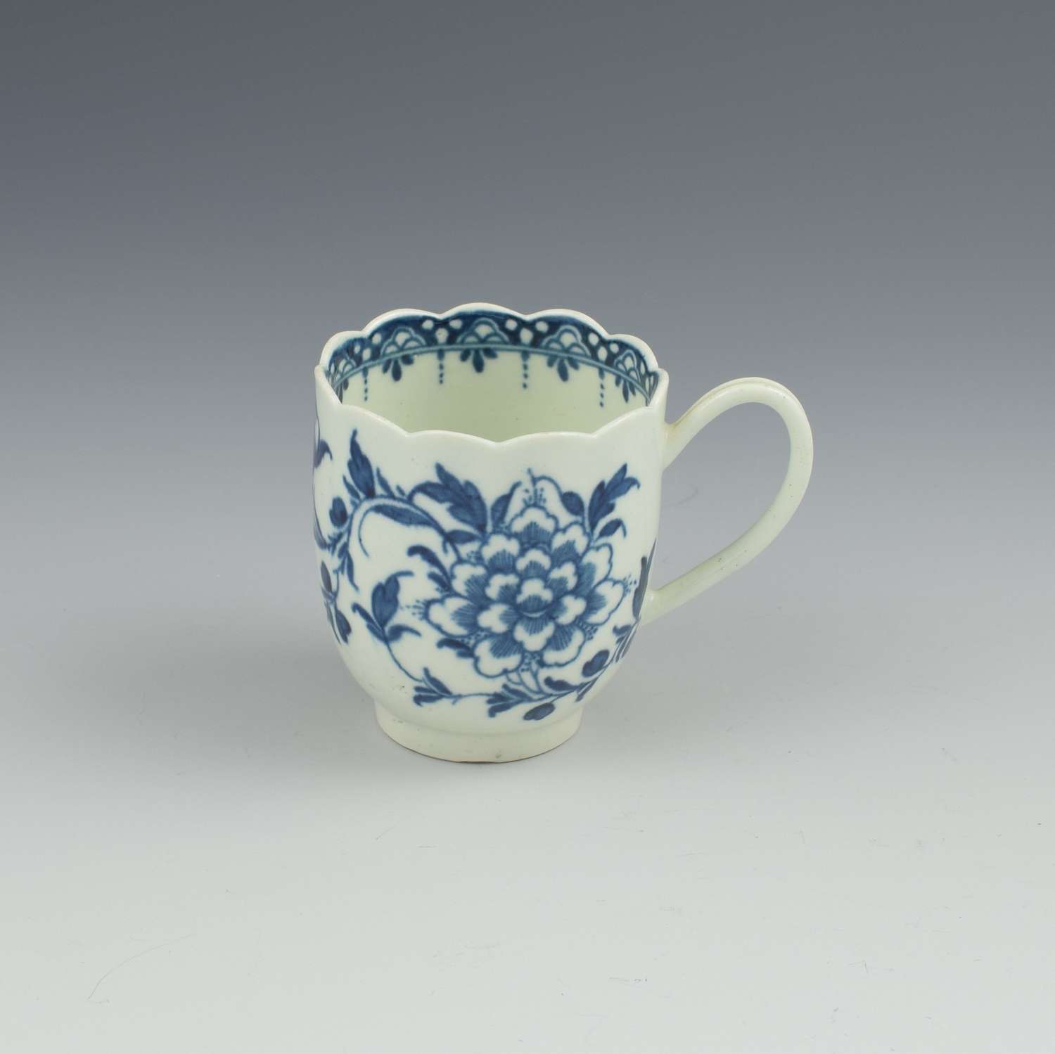 First Period Worcester Porcelain Scalloped Peony Coffee Cup c.1765