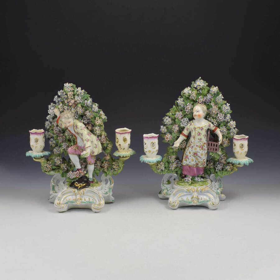 Rare Pair Of Large Derby Porcelain Bocage Candlestick Figures Liberty & Matrimony Children