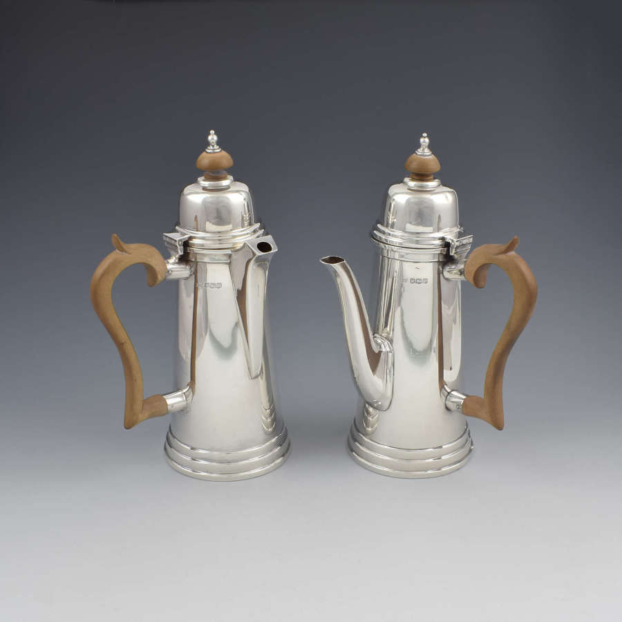 Fine Art Deco Silver Cafe Au Lait Set / Chocolate Pots Walker & Hall