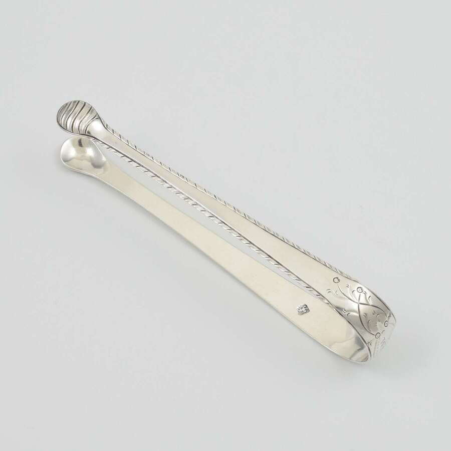 Pretty Georgian Bright Cut Engraved Silver Sugar Tongs Philip Batchelor c.1770