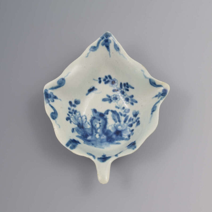 Rare Dr Wall / First Period Worcester Porcelain Pickle Leaf Dish Two Peony Rock Bird c1754