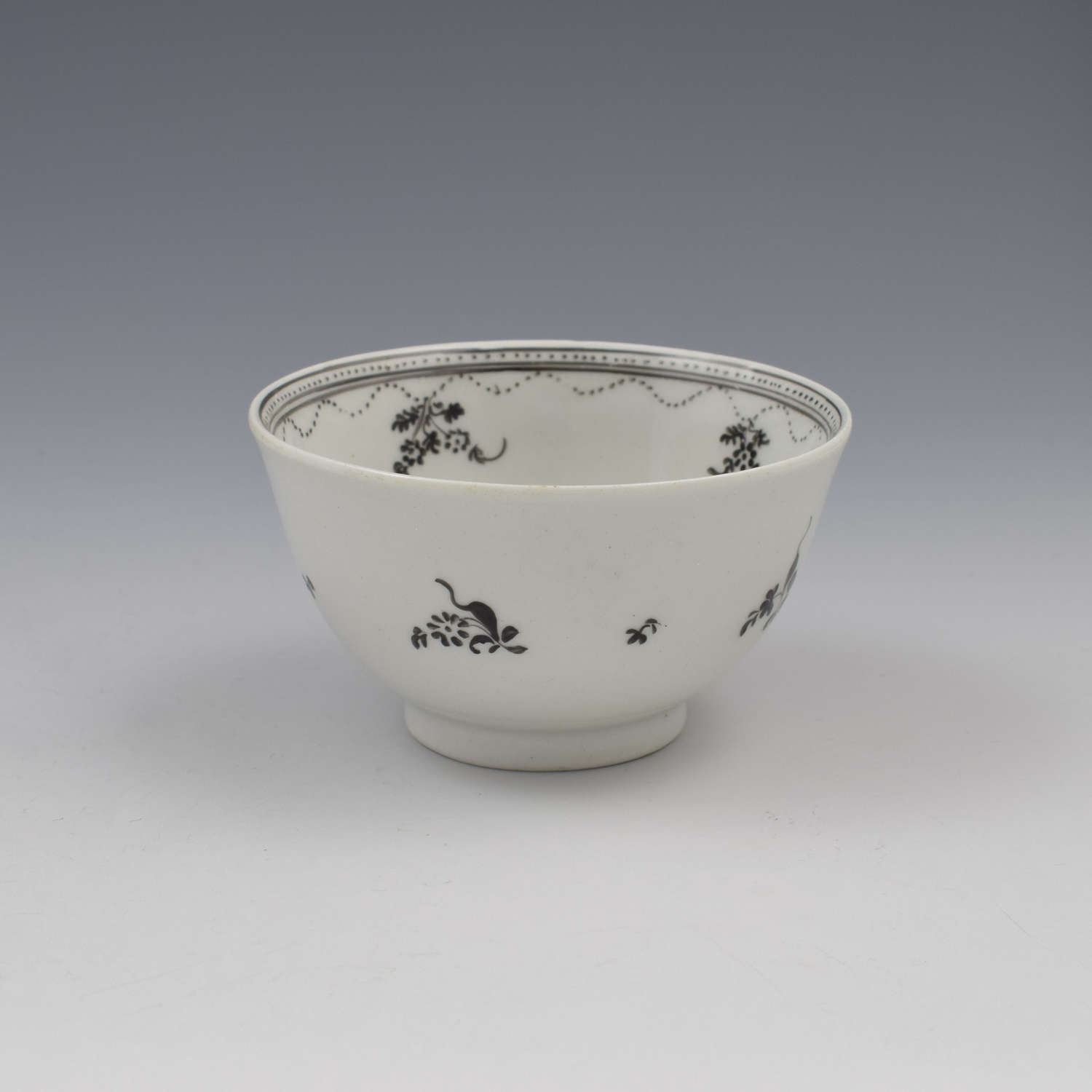 New Hall Porcelain Tea Bowl Pattern 308 Black Enamel Flower Basket