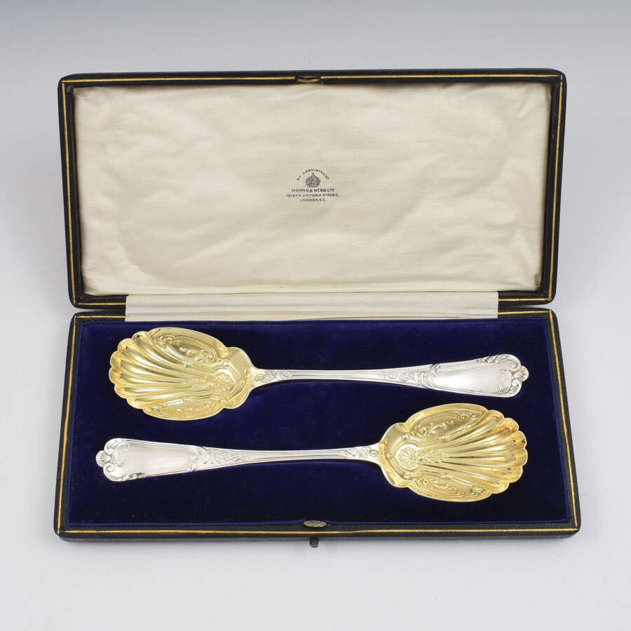 Stunning Pair Cased Edwardian Silver & Gilt Serving Spoons