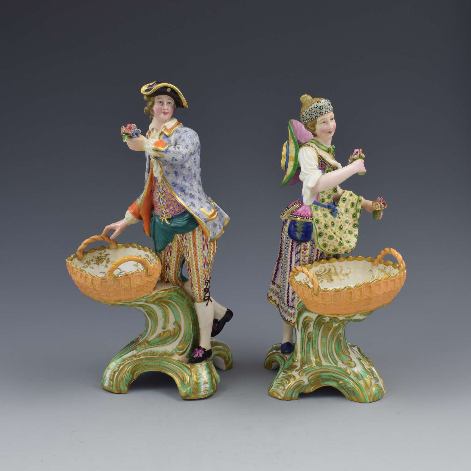 Fine Pair Minton Porcelain Sweetmeat Figures With Baskets Models 84 85