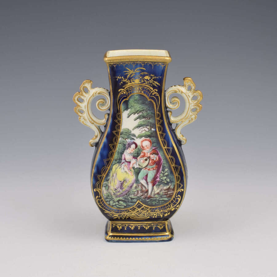 Rare Chelsea Porcelain Gold Anchor Period Blue Ground Vase Watteau Scenes c.1759-1768