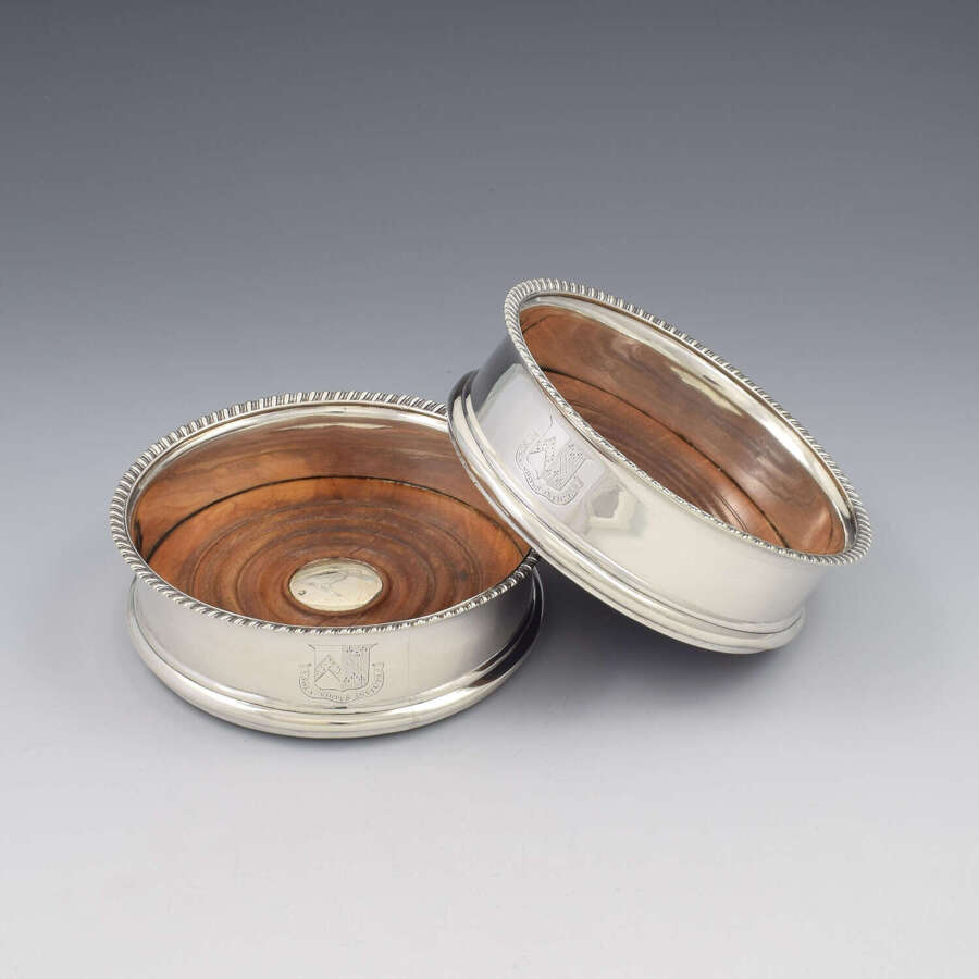 Stunning Pair Of Georgian Silver Wine Bottle Coasters Eyre Family Armorial Coat Of Arms