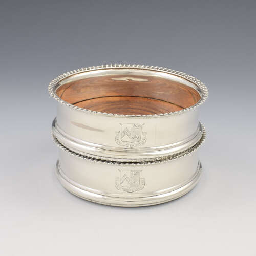 Stunning Pair Of Georgian Silver Wine Bottle Coasters Eyre Family Armorial Coat Of Arms
