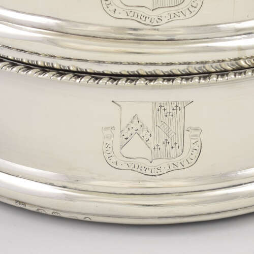 Stunning Pair Of Georgian Silver Wine Bottle Coasters Eyre Family Armorial Coat Of Arms